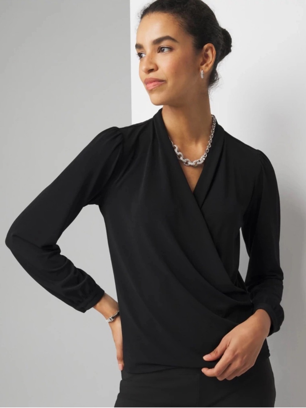WHBM M Black Surplice Knit Long Sleeve Blouse